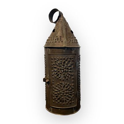 Antique Punched Tin Candle Lantern. Good early pierced tin candle lantern. 15 tall. All parts
