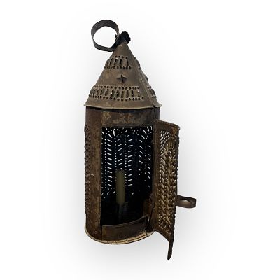 Antique Punched Tin Candle Lantern. Very nice example of an original pierced tin candle lantern.