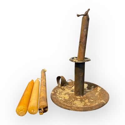 1800s Tin Push Up Saucer Base Candle Holder With 3 Beeswax Candles. Nice tin saucer base push up