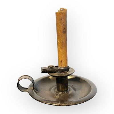 Unique 19th C Tin Candle Holder With Clamp. A unique 19 century tin saucer base candle holder