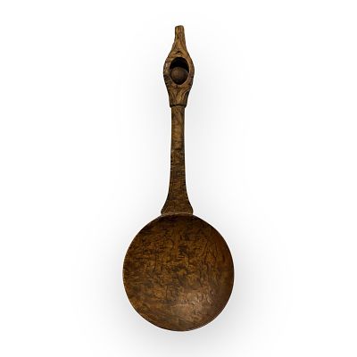 Important Burl Spoon With Ball Carved In Handle. An important little carved burl spoon with ball