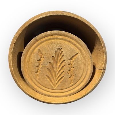 19th C Wood Butter Mold/Stamp. 19th century plunger type butter mold. All original with floral