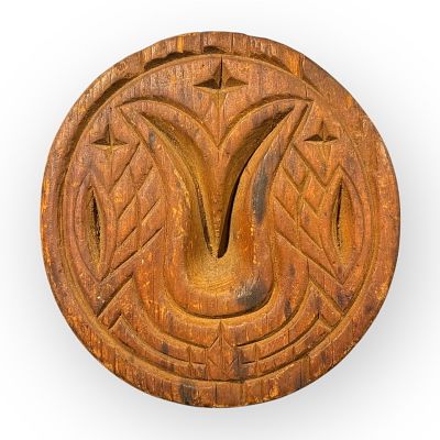 2 Piece Primitive Tulip Carved Wood Butter Print. A 2 piece 19th century carved wood butter