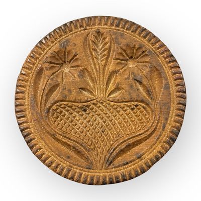Well Carved Daisies And Thistle Early Wood Carved Butter Print. A good early well carved Daisys