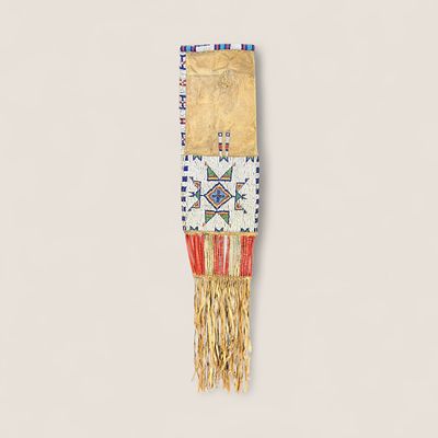 Excellent 19th C Beaded & Quilled Lakota Sioux Pipe Bag. Measuring approx 33 x 7.5 inches. A 