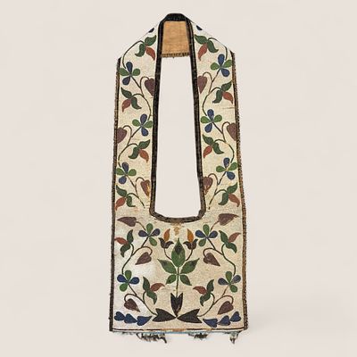 Early Great Lakes Applique Beaded Bandolier Bag (Chippewa). Measuring approx 37 inches long x 16 