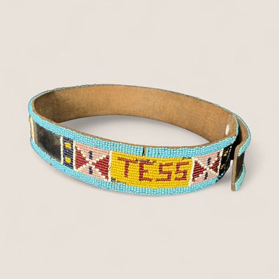 Beaded Crow Belt With Flag Motifs. Measuring approx 29.5 inches in length x 1 3/4 inches wide 