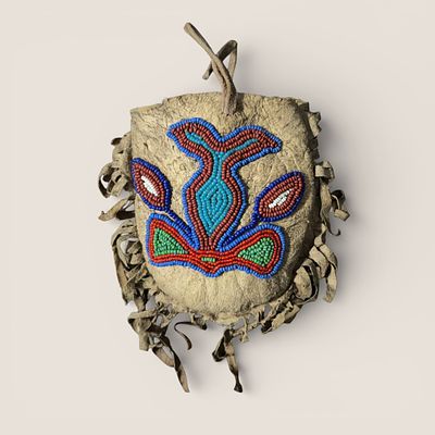 Early Santee Sioux Beaded Pouch With Fringe. Measures approx 5 x 5 inches (including fringe). 