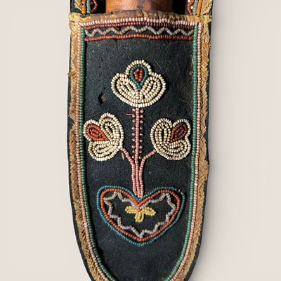 Early 19th C Beaded Sheath. Early beadwork on trade cloth with a period burl knife intact. 