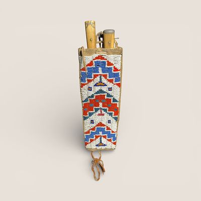 Rare Plains Beaded Knife & Fork Sheath. 19th Century, parfleche back. Measuring approx 8 inches 