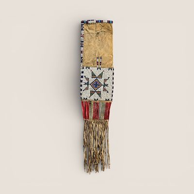 Excellent 19th C Beaded & Quilled Lakota Sioux Pipe Bag. Measuring approx 33 x 7.5 inches. A 