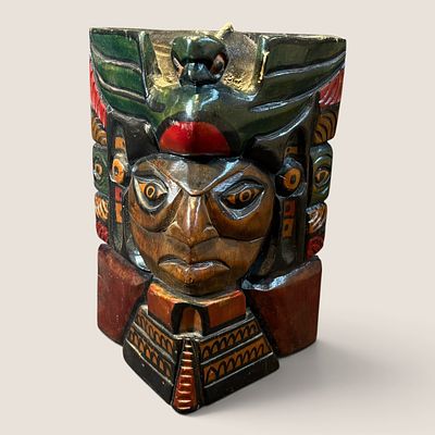 Mesoamerican-Style Hand-Carved and Polychrome Painted Wooden Mask. This hand-carved and 