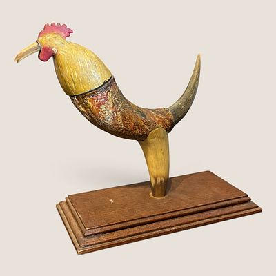 Folk Art Carved Wood and Animal Horn Rooster Sculpture on Tiered Base. This folk art sculpture 