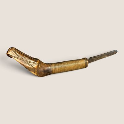 Superb Native American Crooked Knife. Wrapped with copper, carved designs to handle. Measuring 