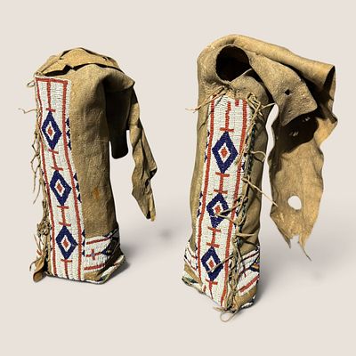 Northern Plains Beaded 19th C Leggings. Excellent pair of beaded leggings, supple hide, with 