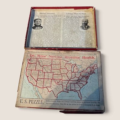 19i20's " Dr. Miles Map Puzzle Box. 1920's map puzzle box, used to advertise " Dr. Miles Nervine 