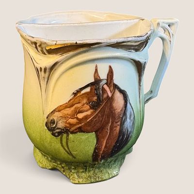 Victorian Hand Painted Porcelain Equestrian Mustache Shaving Mug. A Victorian-era mustache 