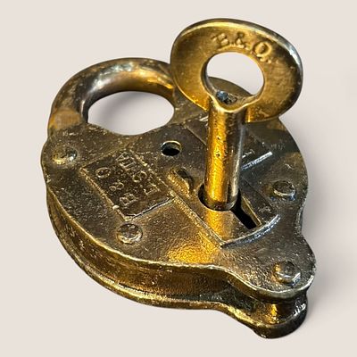 Antique B.&.O. R.R. Brass Padlock and Stamped Key Set. This set includes a heart-shaped railroad 