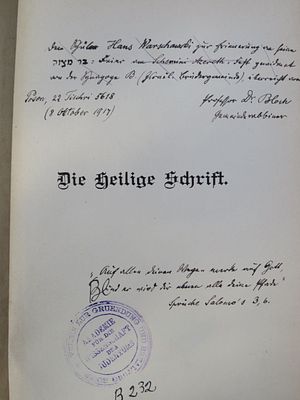 פרנקפורט. ברלין. לונדון. מקבץ. מקבץ, גרמניה, אנגליה: 
תנ"ך, גרמנית, פרנקפורט, 1909. הקדשה ארוכה 