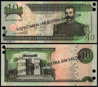Доминикана 10 песо 2002 год UNC-! ОБРАЗЕЦ!. Бумага. За пределы Российской Федерации лоты не 