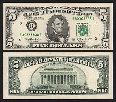 Банкнота США 5 долларов 1993 год B / Нью-Йорк XF!. Бумага. За пределы Российской Федерации лоты 