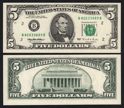 Банкнота США 5 долларов 1995 год B / Нью-Йорк UNC!. Бумага. За пределы Российской Федерации лоты 