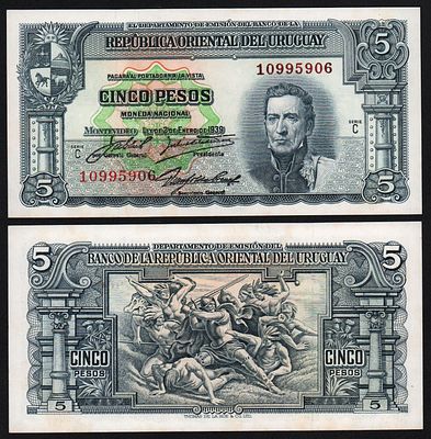 Уругвай 5 песо 1939 год UNC!. Бумага. За пределы Российской Федерации лоты не отправляем!