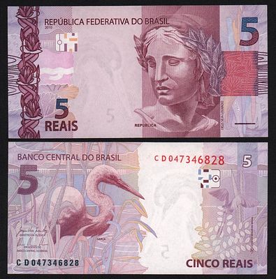 Бразилия 5 реалов 2010 год UNC!. Бумага. За пределы Российской Федерации лоты не отправляем!