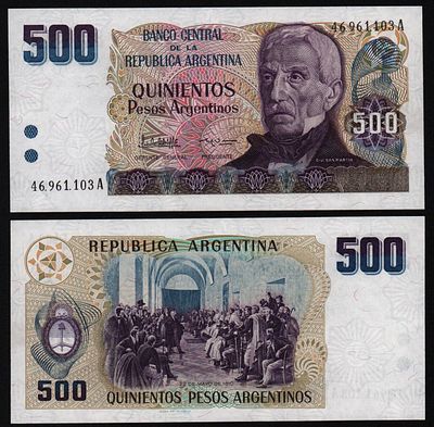 Аргентина 500 песо, UNC-!. Бумага. За пределы Российской Федерации лоты не отправляем!