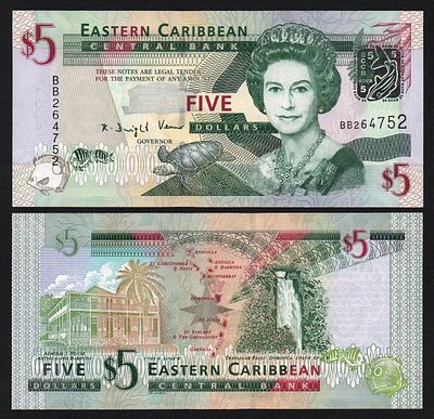 Банкнота Восточные Карибы 5 долларов UNC-!. Бумага. За пределы Российской Федерации лоты не 