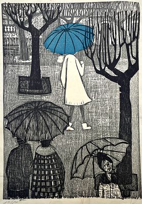 Leonilda González - LEONILDA GONZÁLEZ (Escuela uruguaya, 1923-2017) Grabado xilográfico"Paraguas 