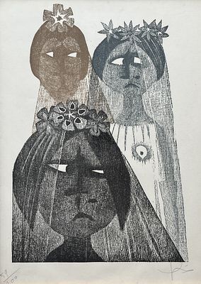 Leonilda González - LEONILDA GONZÁLEZ (Escuela uruguaya, 1923-2017) Grabado xilográfico "Novias 