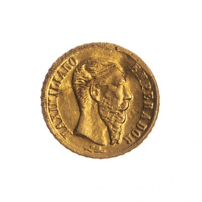 Moneda mexicana en oro - Moneda mexicana en oro denominaci&oacute;n 1 peso del a&ntilde;o 1865. Di&aacute;metro 1 mm. 
