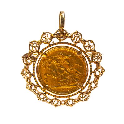 Prendedor en oro 18 K con una libra en oro - Prendedor colgante en oro 18 K amarillo con moneda 