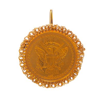 Prendedor en oro 18 K con moneda en oro - Prendedor colgante en oro 18 K amarillo decorado con 