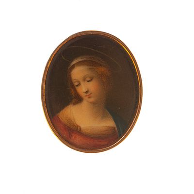 Prendedor en oro con miniatura - Prendedor relicario en oro amarillo con miniatura oval pintada a 