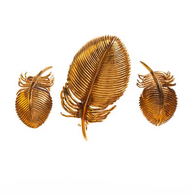 Set de caravanas y prendedor en oro 18 K - Set de par de caravanas tipo clip y prendedor en oro 18 