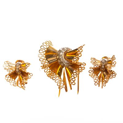 Set de caravanas y prendedor en oro 18 K y brillantes - Set de par de caravanas tipo clip y 