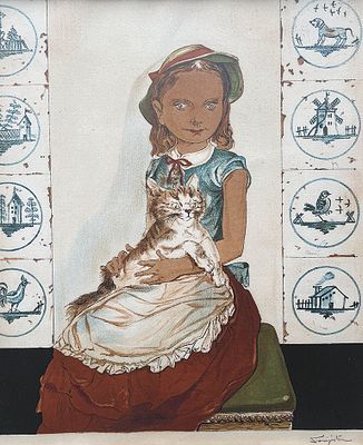 Tsuguharu Foujita - TSUGUHARU FOUJITA (Escuela japonesa, 1886-1968) Serigraf&iacute;a "Ni&ntilde;a con gato" 