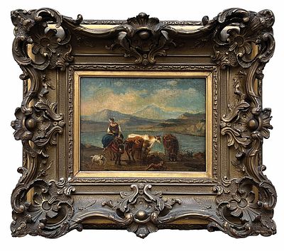 An&oacute;nimo europeo s. XIX - An&oacute;nimo europeo s. XIX&Oacute;leo sobre tabla"Pastores y vacas" 17 x 23 cm