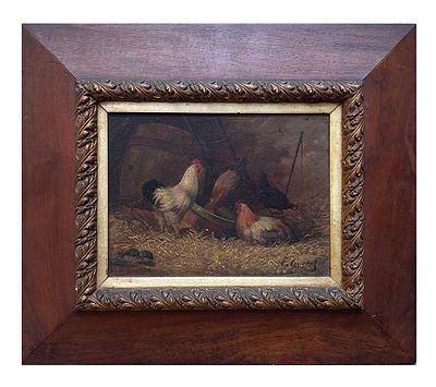 Firma ilegible - &Oacute;leo sobre cart&oacute;n"Gallinero" Firma ilegible abajo a la derecha15,5 x 21,5 cm