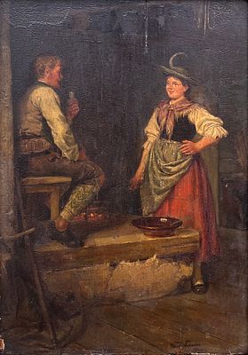 Firma ilegible - &Oacute;leo sobre tabla "Personajes en interior" Firma ilegible abajo a la derecha 24 x 17 cm