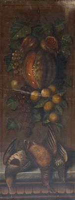 Firma ilegible - &Oacute;leo sobre tela"Naturaleza muerta con frutos y faisanes"Firmado y fechado "1900" 