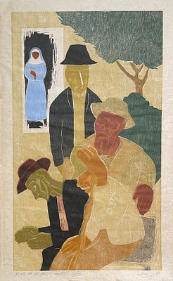 FRANCISCO AMIGUETTI (escuela costarricense, 1907-1998). Grabado color. "Asilo de ancianos. 