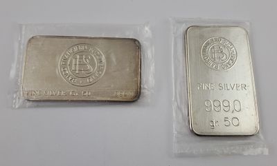 2 Lingotes plata 999.9 - Dos lingotes en plata 999,9 del banco Bafisud. Peso 50 gr aprox. cada uno.