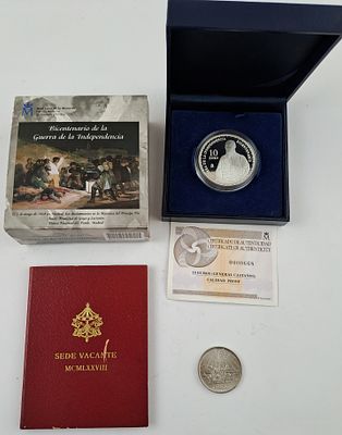 Espa&ntilde;a Italia Vaticano 3 monedas de plata - Tres monedas europeas en plata: una espa&ntilde;ola “proof” 