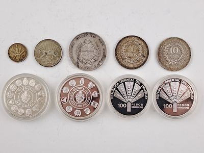 Uruguay 11 monedas de plata - Once monedas uruguayas en plata: tres de 1 peso (una del a&ntilde;o 1917 y 