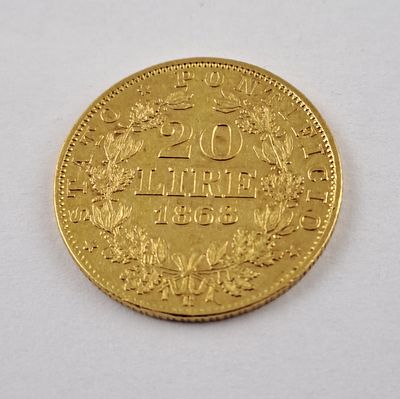 Vaticano 1868 20 lire de oro - Moneda de los Estados Pontificios, Vaticano, en oro 900 &eacute;poca P&iacute;o 