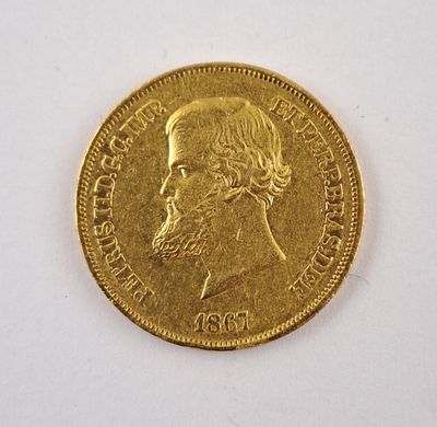 Brasil 1867 10.000 reis de oro - Moneda brasile&ntilde;a en oro 917 denominaci&oacute;n 10000 reis del a&ntilde;o 1867. 
