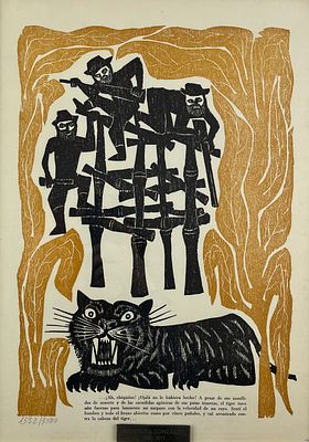 LEONILDA GONZ&Aacute;LEZ - LEONILDA GONZ&Aacute;LEZ (Escuela uruguaya, 1923-2017) Grabado xilogr&aacute;fico "La caza 